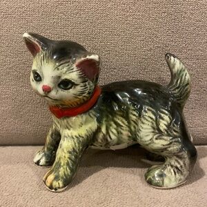 Porcelain Cat Tabby Figurine Vintage Royal Japan red collar great condition